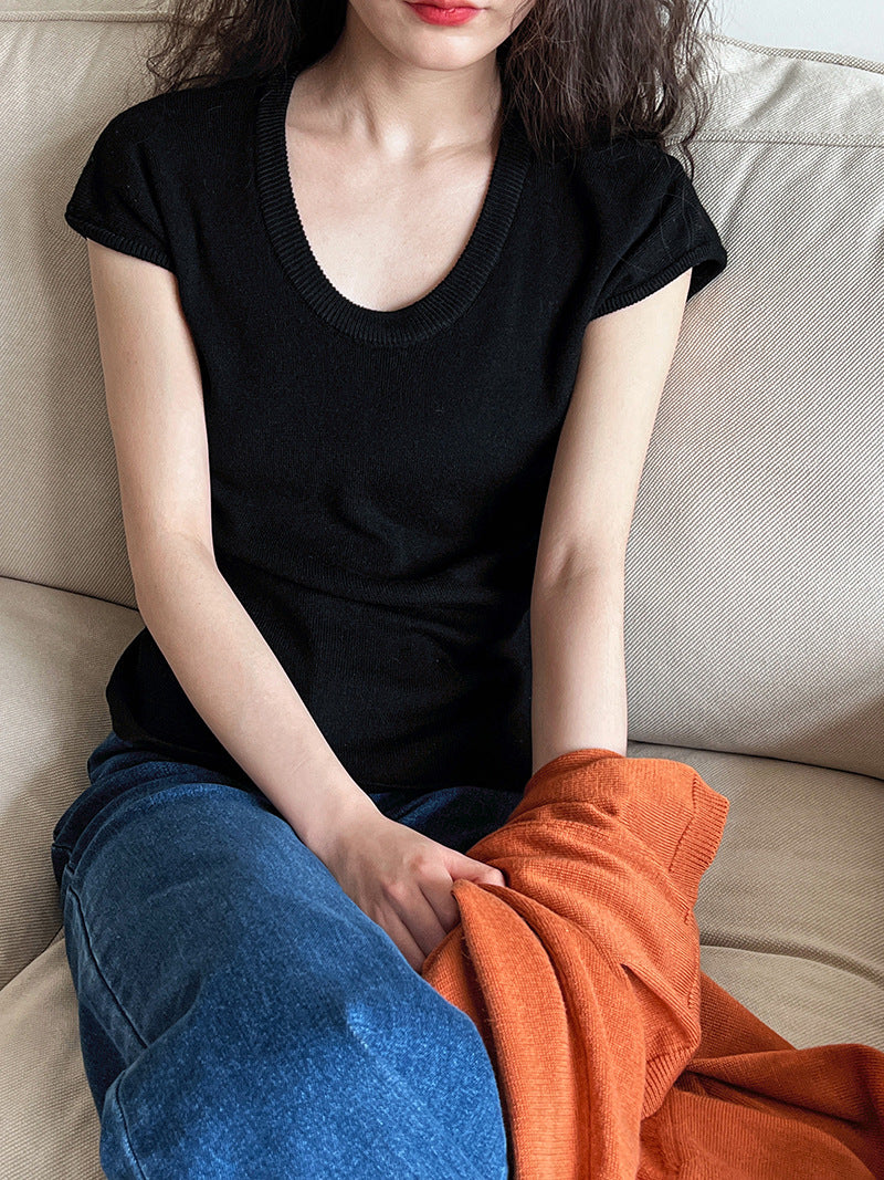 Minimal U-Neck Knit T-Shirt — BL1001