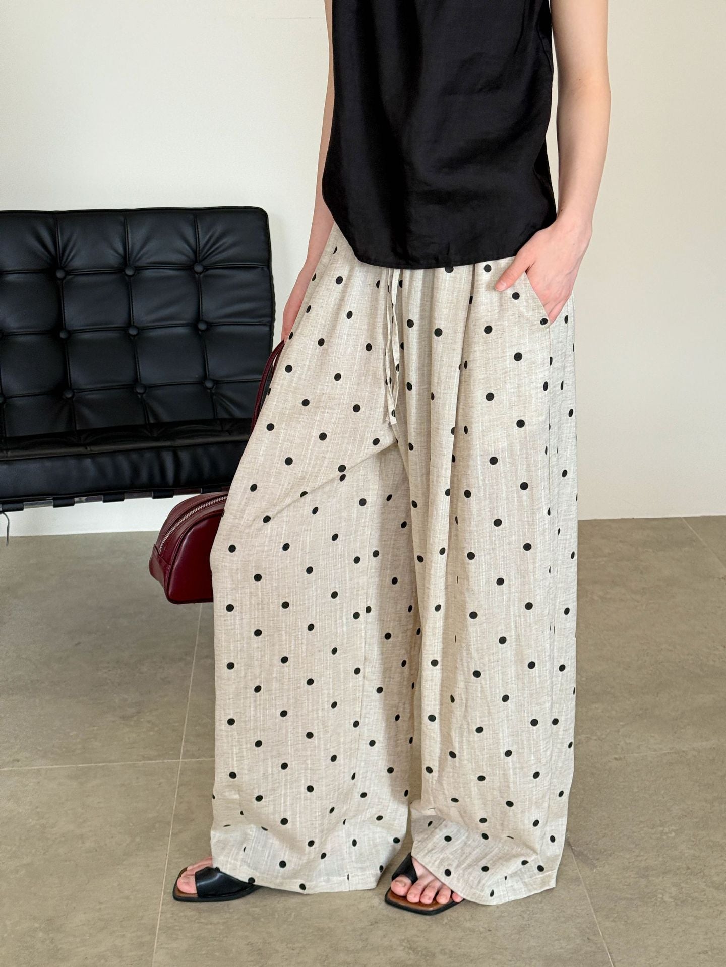 Dot Print Linen Wide Pants — BL1003