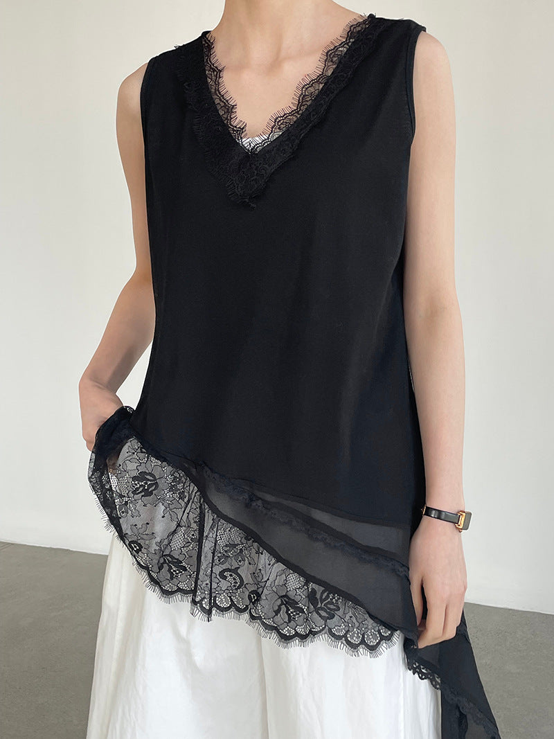 Asymmetry Sleeveless Lace Top — BL1010