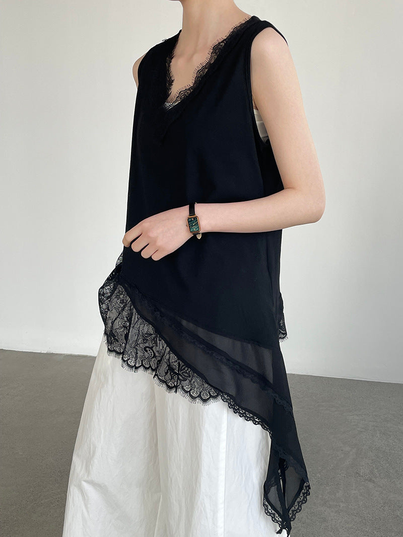 Asymmetry Sleeveless Lace Top — BL1010