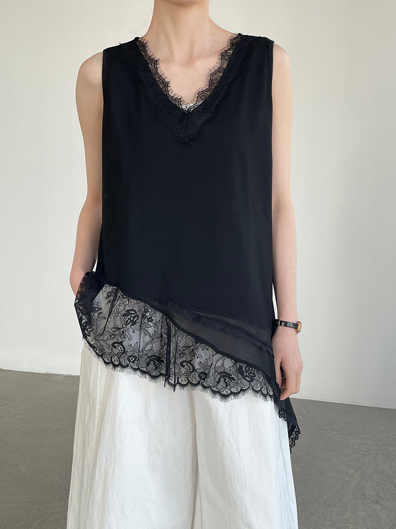 Asymmetry Sleeveless Lace Top — BL1010