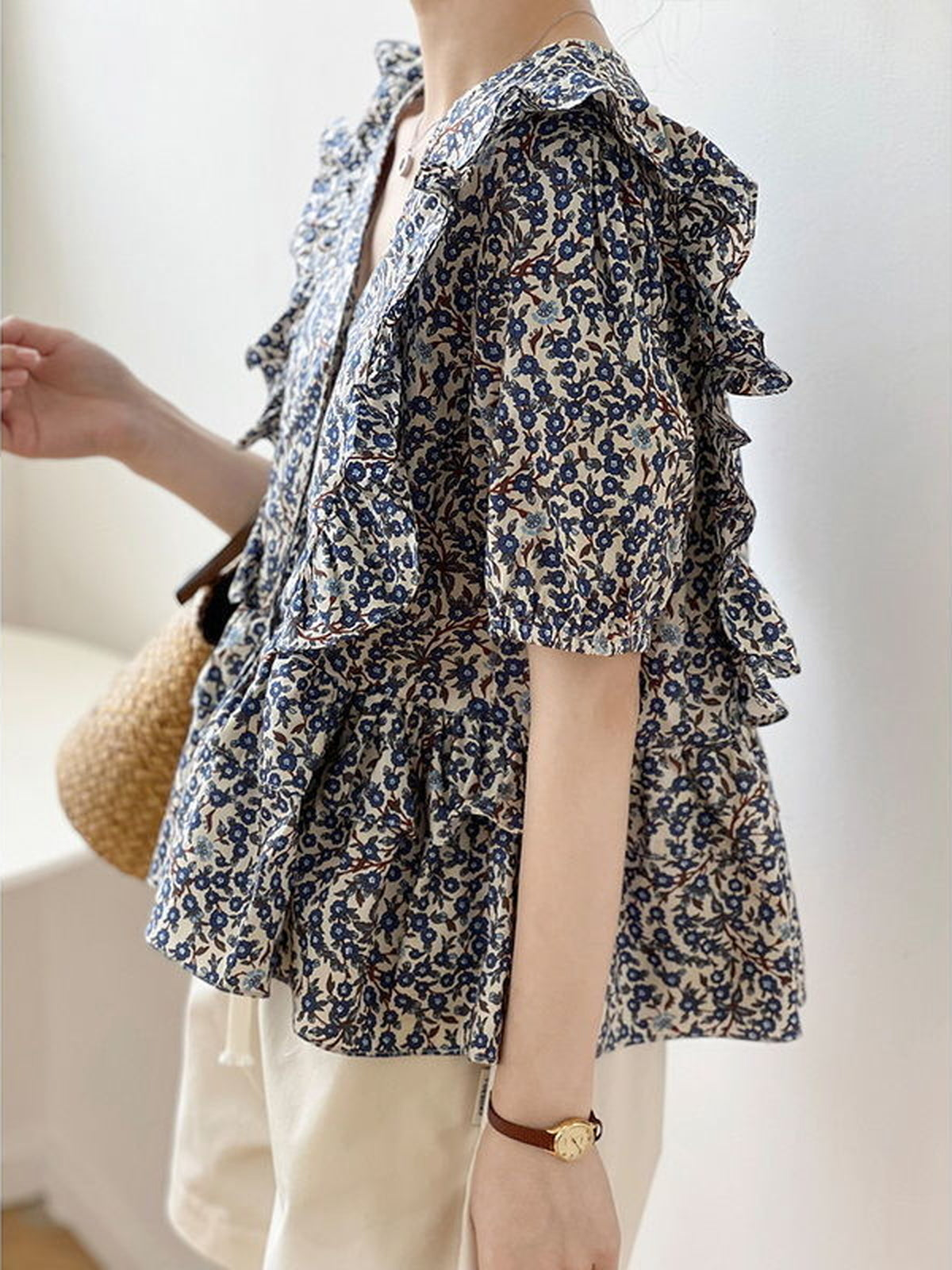 V-Neck Frill Peplum Floral Blouse — BL1013