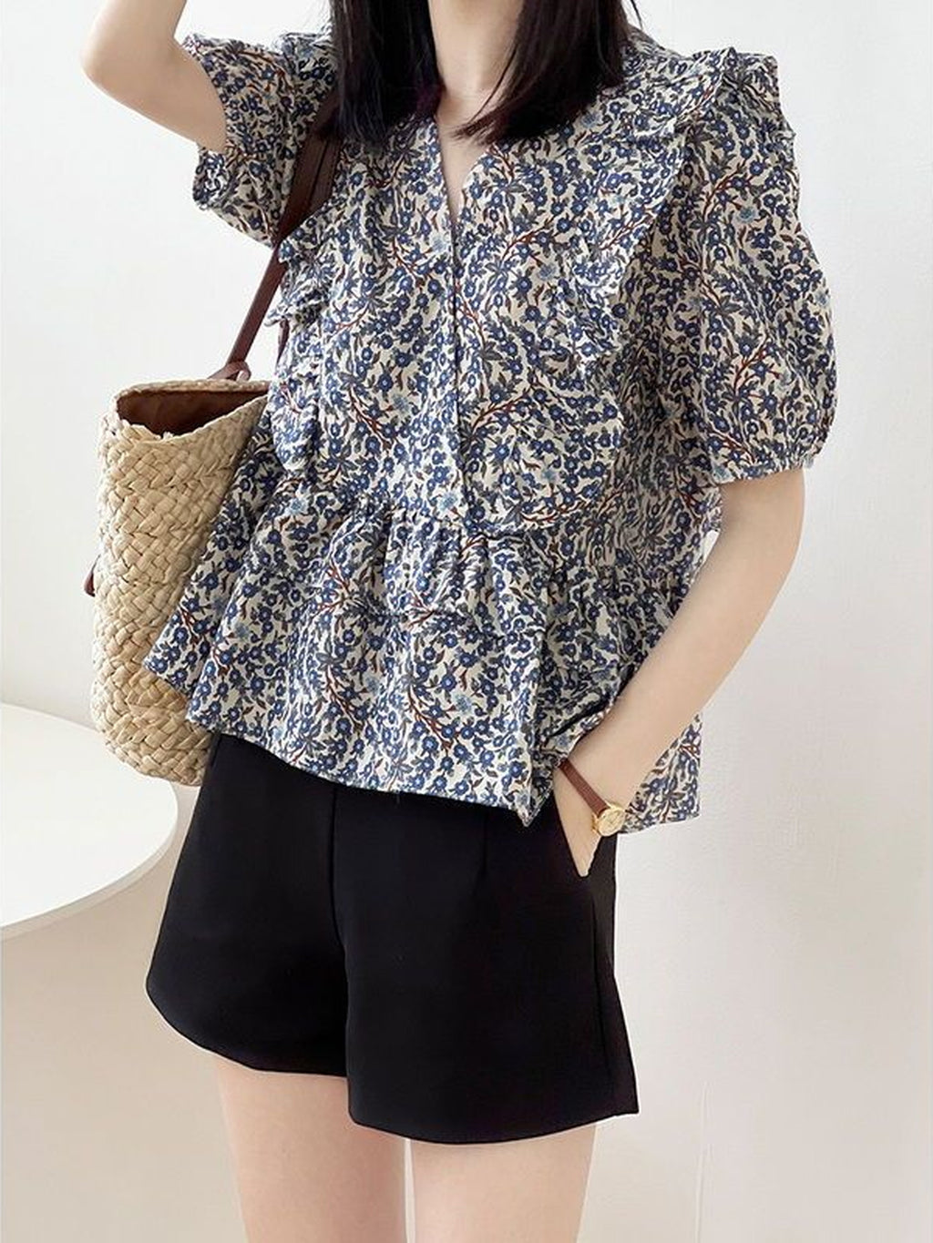 V-Neck Frill Peplum Floral Blouse — BL1013