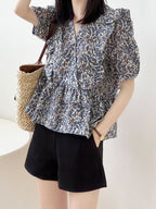 V-Neck Frill Peplum Floral Blouse — BL1013