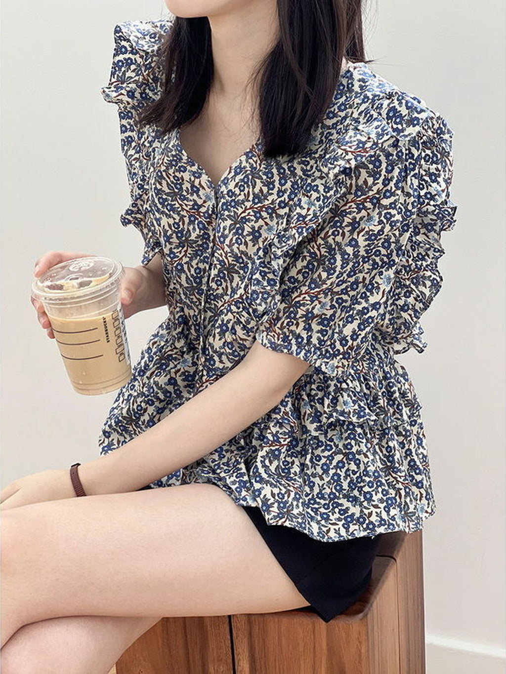 V-Neck Frill Peplum Floral Blouse — BL1013