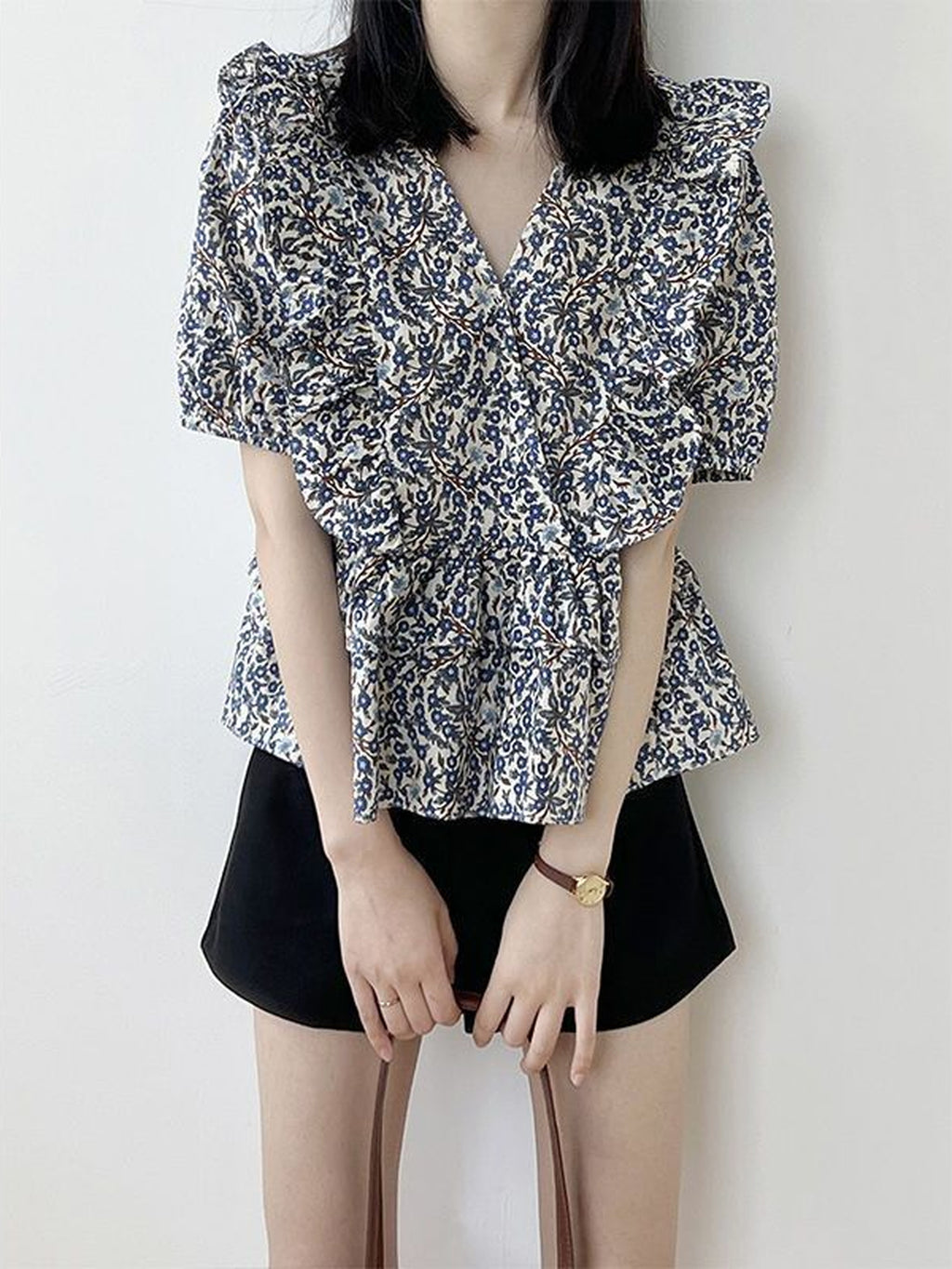 V-Neck Frill Peplum Floral Blouse — BL1013