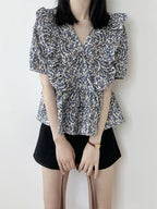 V-Neck Frill Peplum Floral Blouse — BL1013
