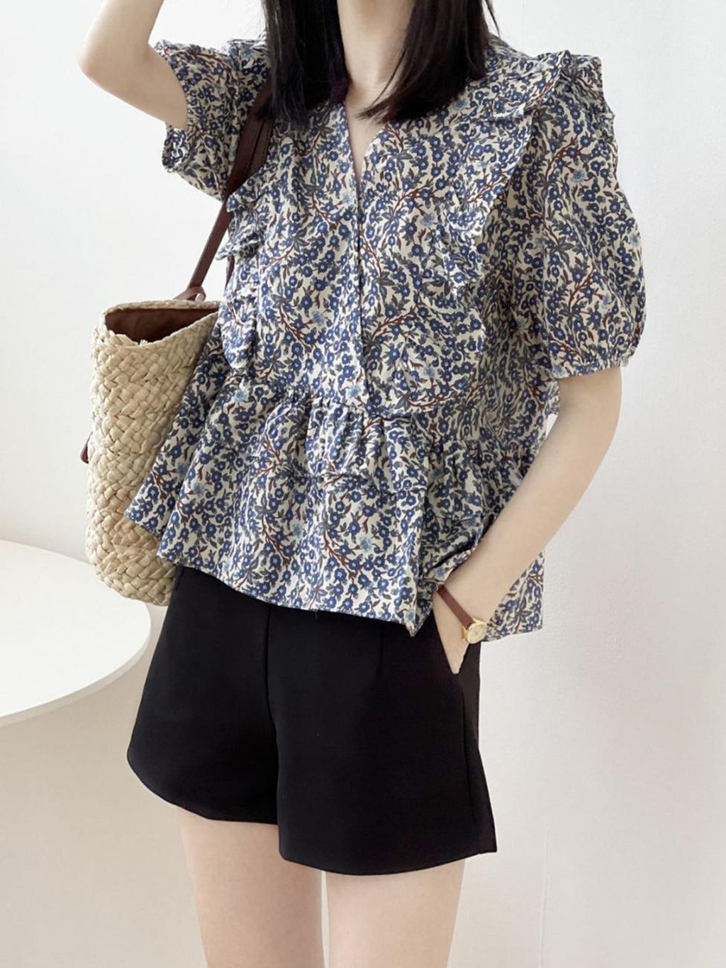 V-Neck Frill Peplum Floral Blouse — BL1013
