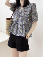 V-Neck Frill Peplum Floral Blouse — BL1013