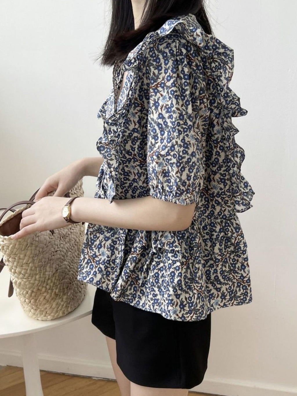 V-Neck Frill Peplum Floral Blouse — BL1013