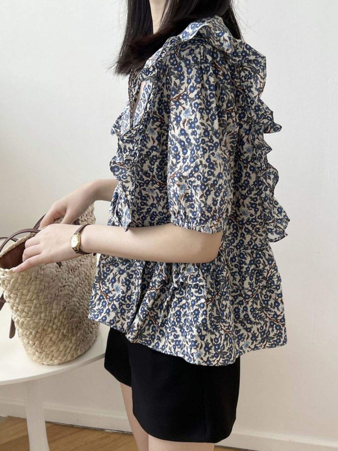 V-Neck Frill Peplum Floral Blouse — BL1013