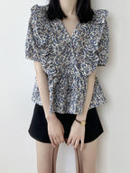 V-Neck Frill Peplum Floral Blouse — BL1013