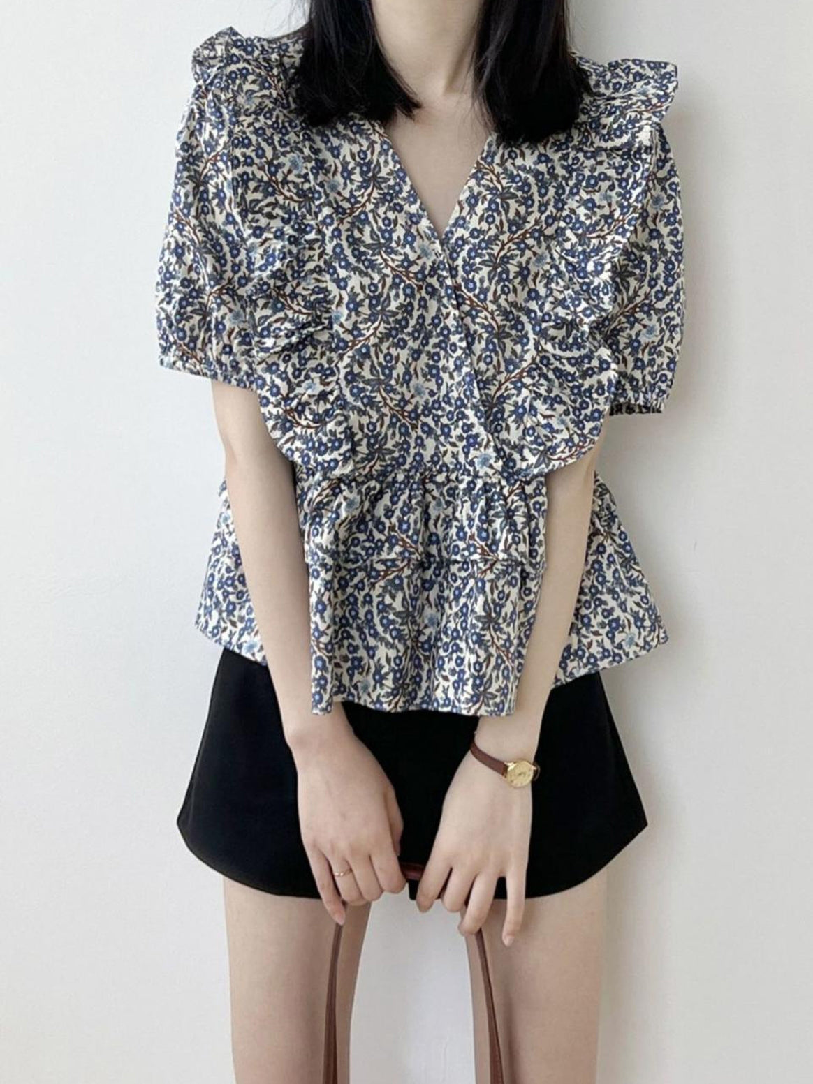 V-Neck Frill Peplum Floral Blouse — BL1013