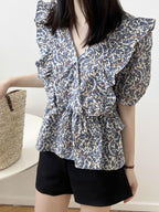 V-Neck Frill Peplum Floral Blouse — BL1013