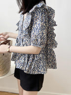 V-Neck Frill Peplum Floral Blouse — BL1013