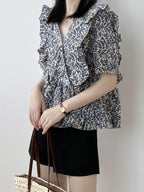 V-Neck Frill Peplum Floral Blouse — BL1013
