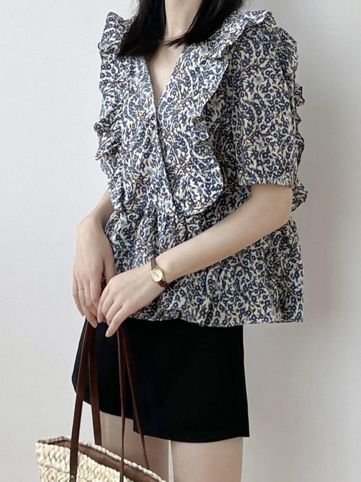 V-Neck Frill Peplum Floral Blouse — BL1013