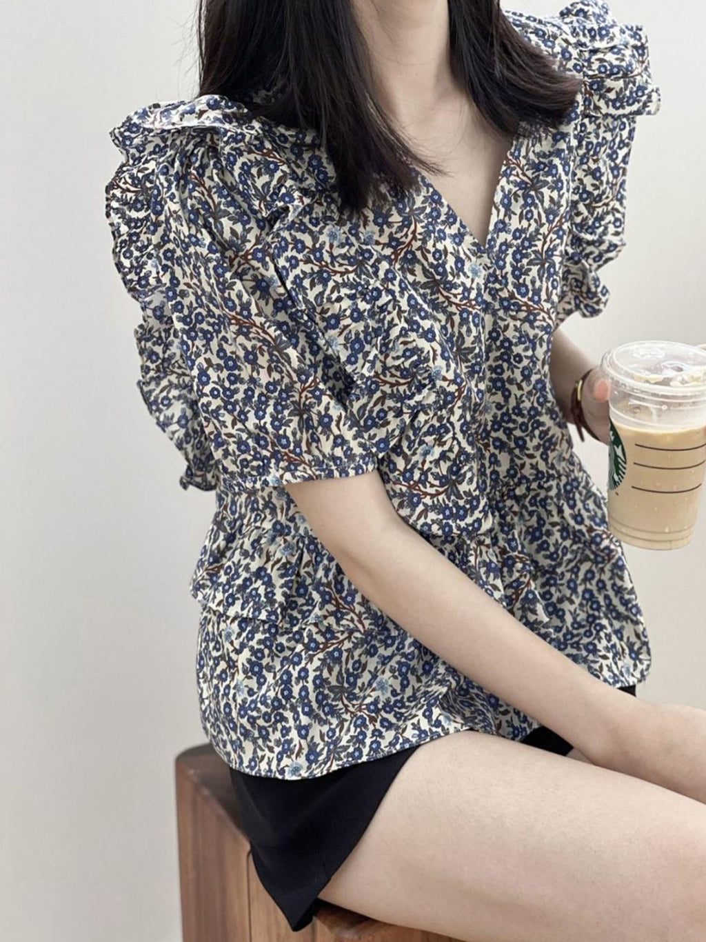 V-Neck Frill Peplum Floral Blouse — BL1013