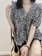 V-Neck Frill Peplum Floral Blouse — BL1013