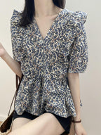 V-Neck Frill Peplum Floral Blouse — BL1013