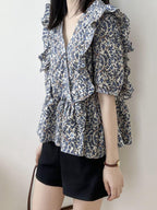V-Neck Frill Peplum Floral Blouse — BL1013