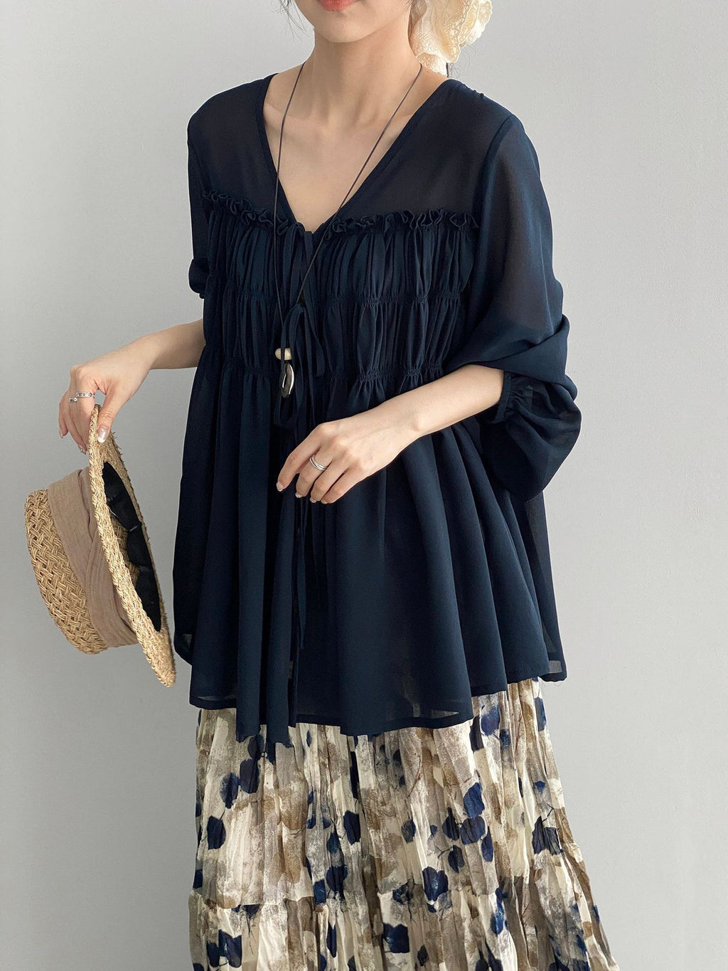 sheer front ribbon gathered blouse — BL1014