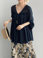 sheer front ribbon gathered blouse — BL1014