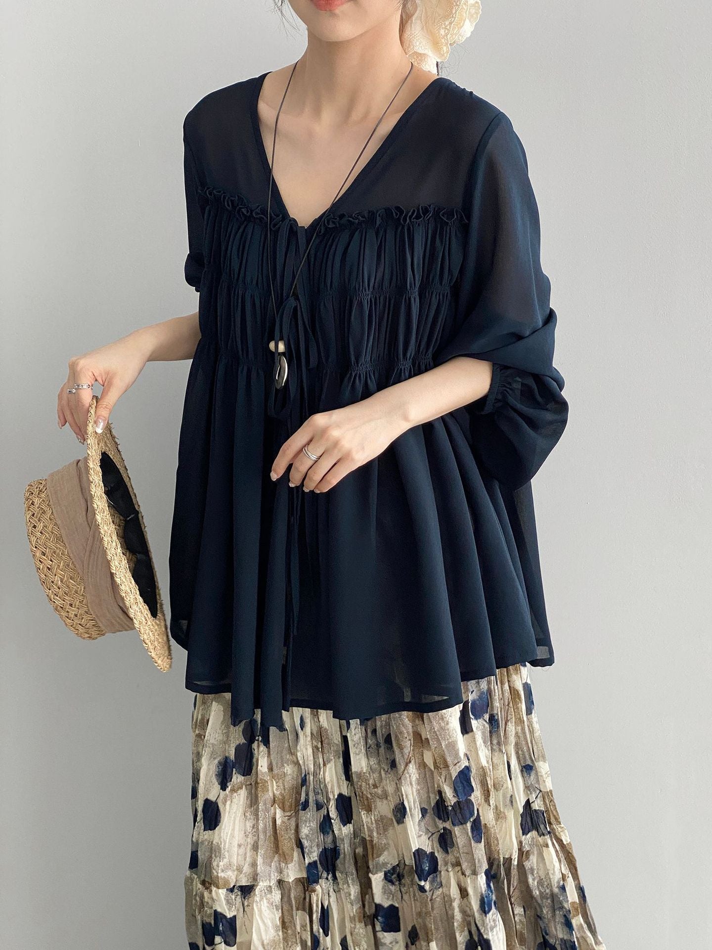 Sheer Front Ribbon Gathered Blouse — BL1014