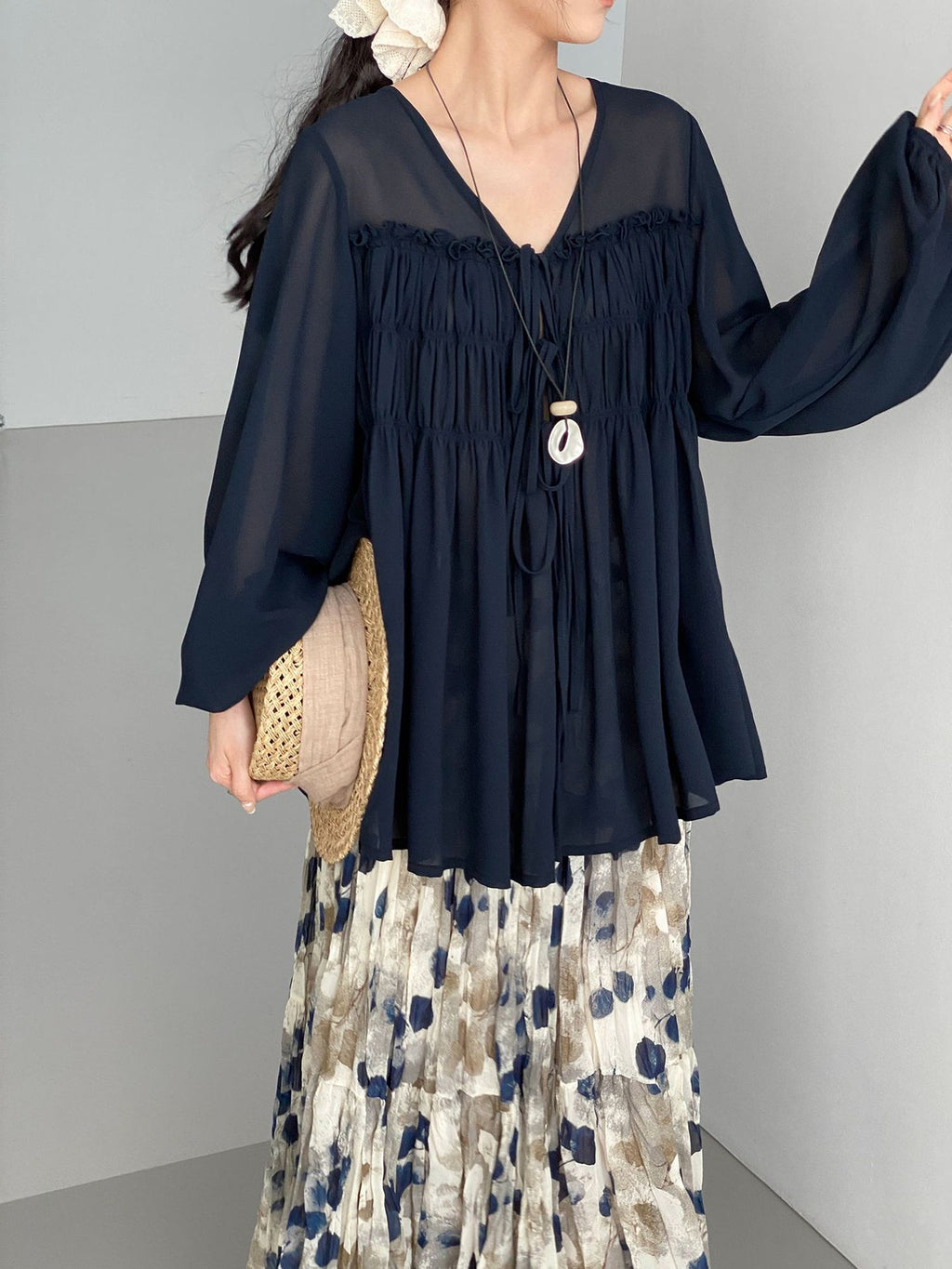 Sheer Front Ribbon Gathered Blouse — BL1014