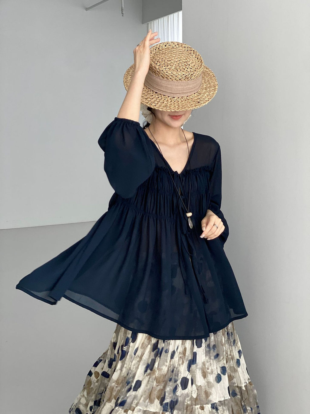 Sheer Front Ribbon Gathered Blouse — BL1014