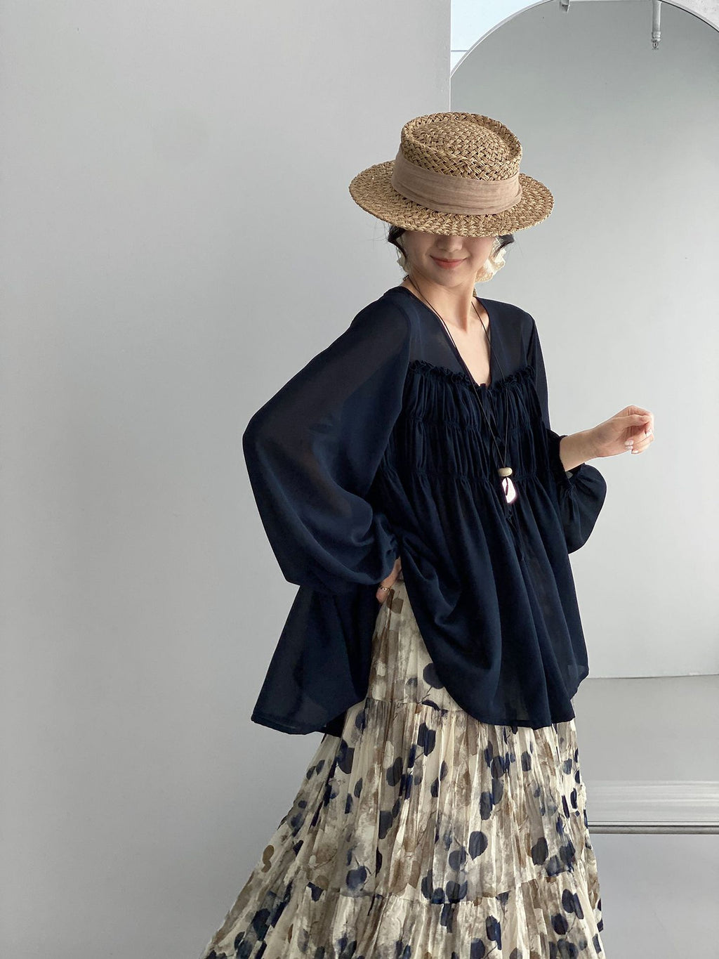 Sheer Front Ribbon Gathered Blouse — BL1014
