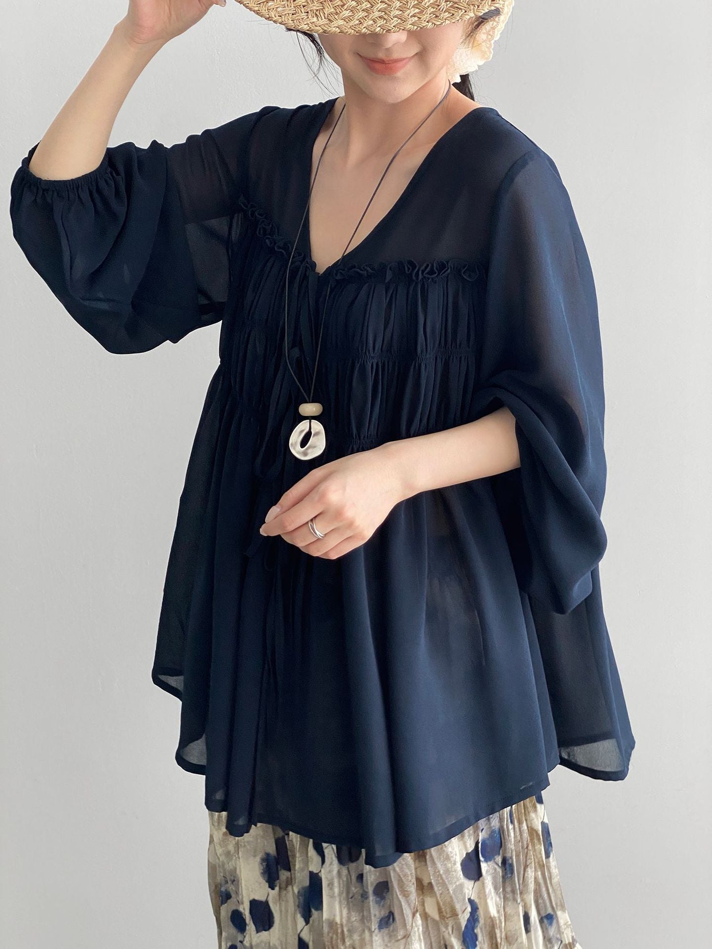 Sheer Front Ribbon Gathered Blouse — BL1014