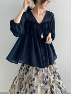 Sheer Front Ribbon Gathered Blouse — BL1014