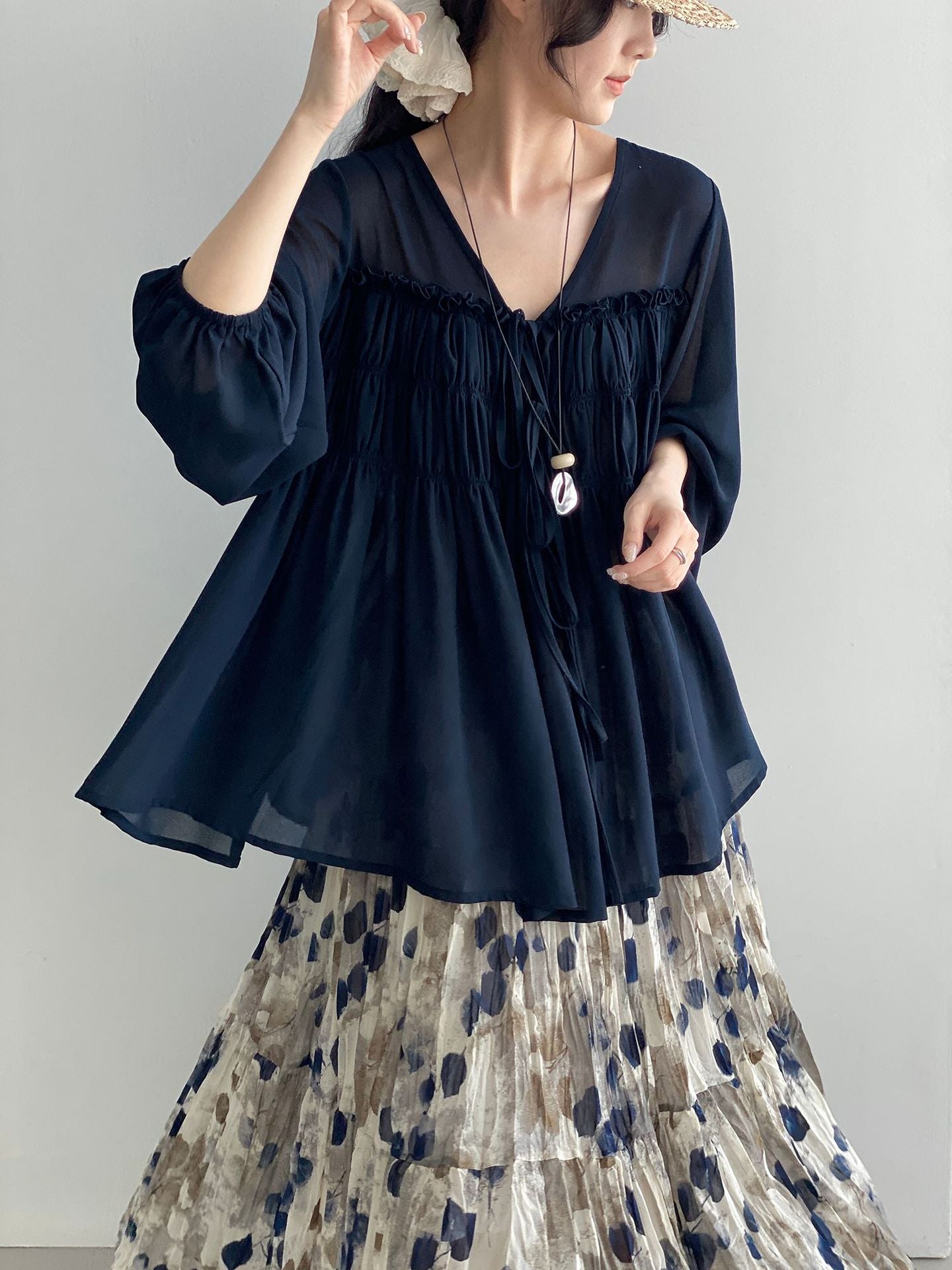 Sheer Front Ribbon Gathered Blouse — BL1014