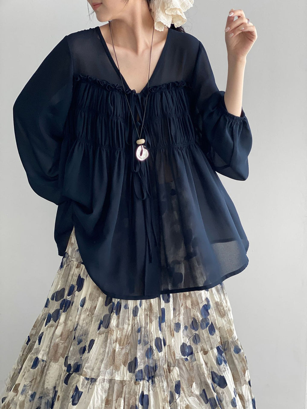 Sheer Front Ribbon Gathered Blouse — BL1014