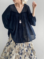 Sheer Front Ribbon Gathered Blouse — BL1014