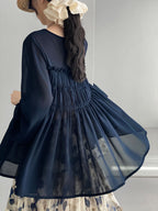 Sheer Front Ribbon Gathered Blouse — BL1014