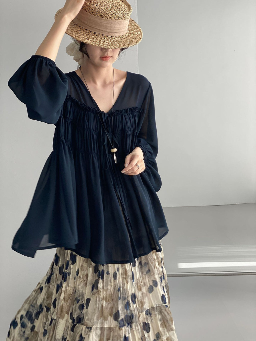 Sheer Front Ribbon Gathered Blouse — BL1014