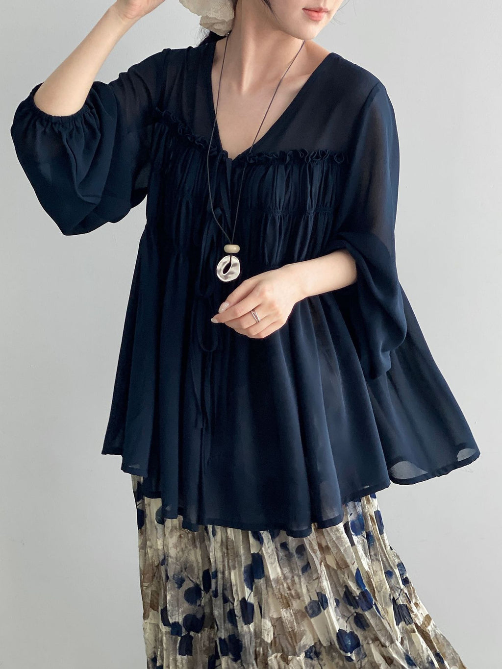Sheer Front Ribbon Gathered Blouse — BL1014