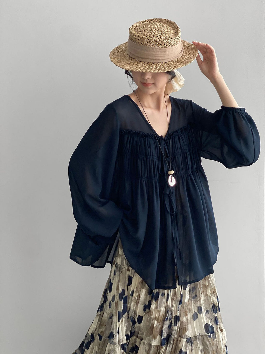 Sheer Front Ribbon Gathered Blouse — BL1014