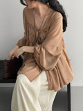 Sheer Front Ribbon Gathered Blouse — BL1014
