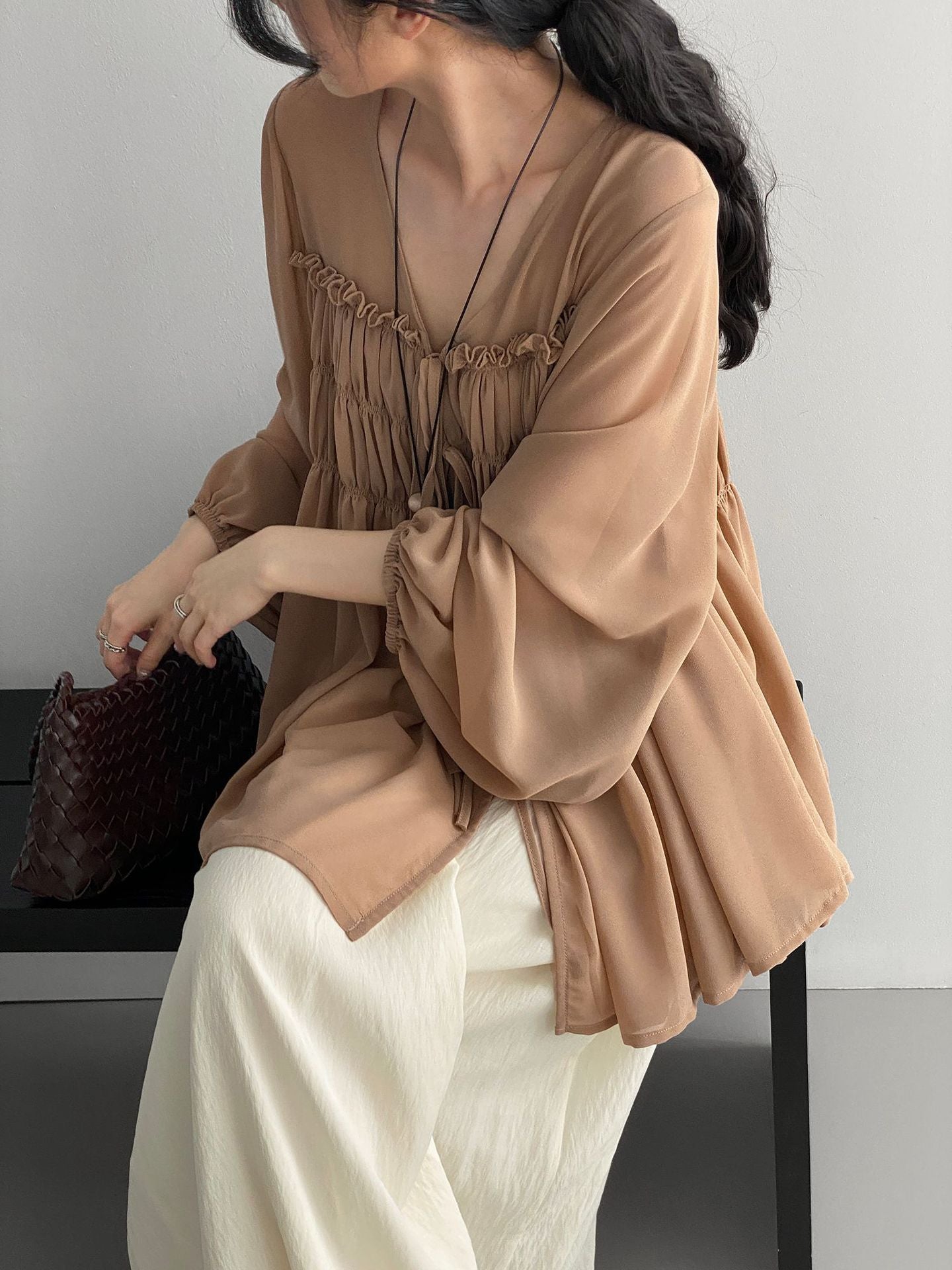 Sheer Front Ribbon Gathered Blouse — BL1014