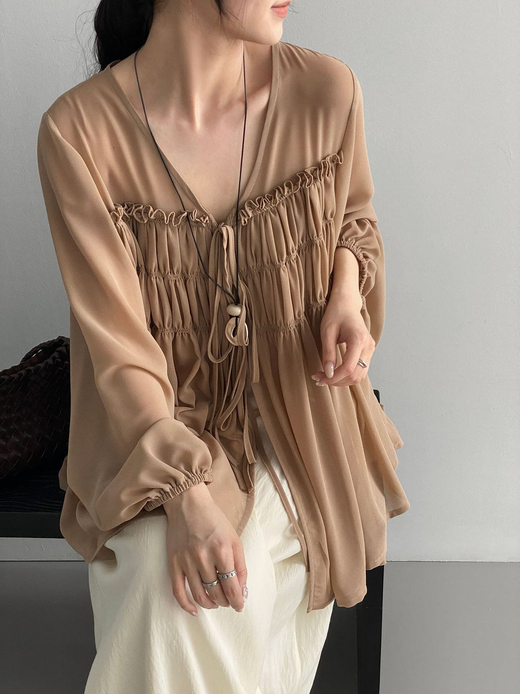 Sheer Front Ribbon Gathered Blouse — BL1014