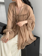 Sheer Front Ribbon Gathered Blouse — BL1014