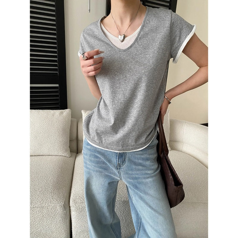 V-Neck Fake Layered Bi-Color Tee — BL1016