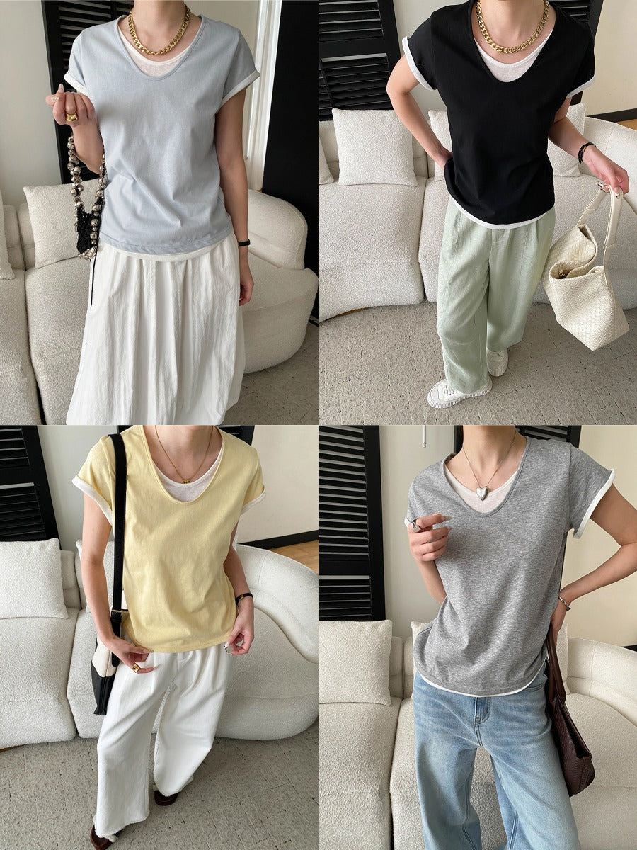 V-Neck Fake Layered Bi-Color Tee — BL1016