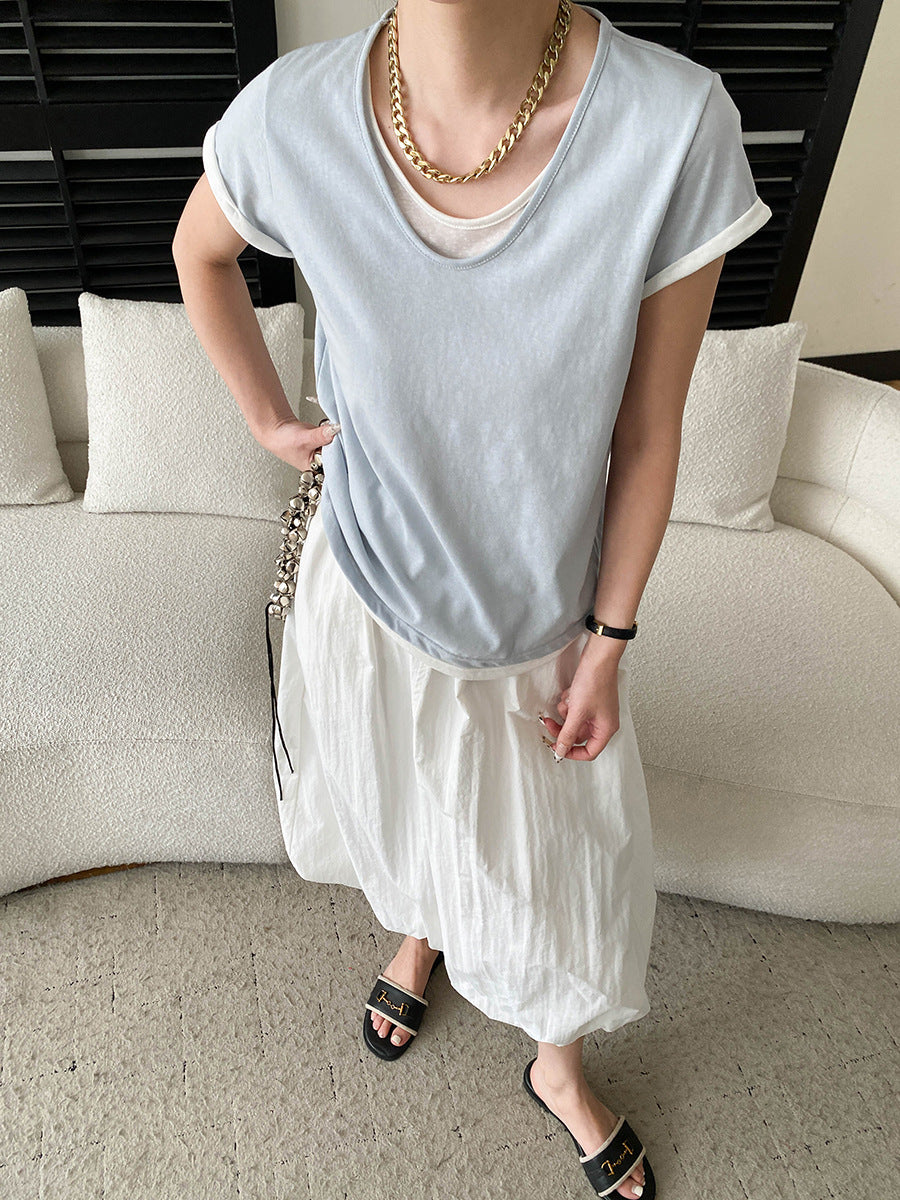 V-Neck Fake Layered Bi-Color Tee — BL1016