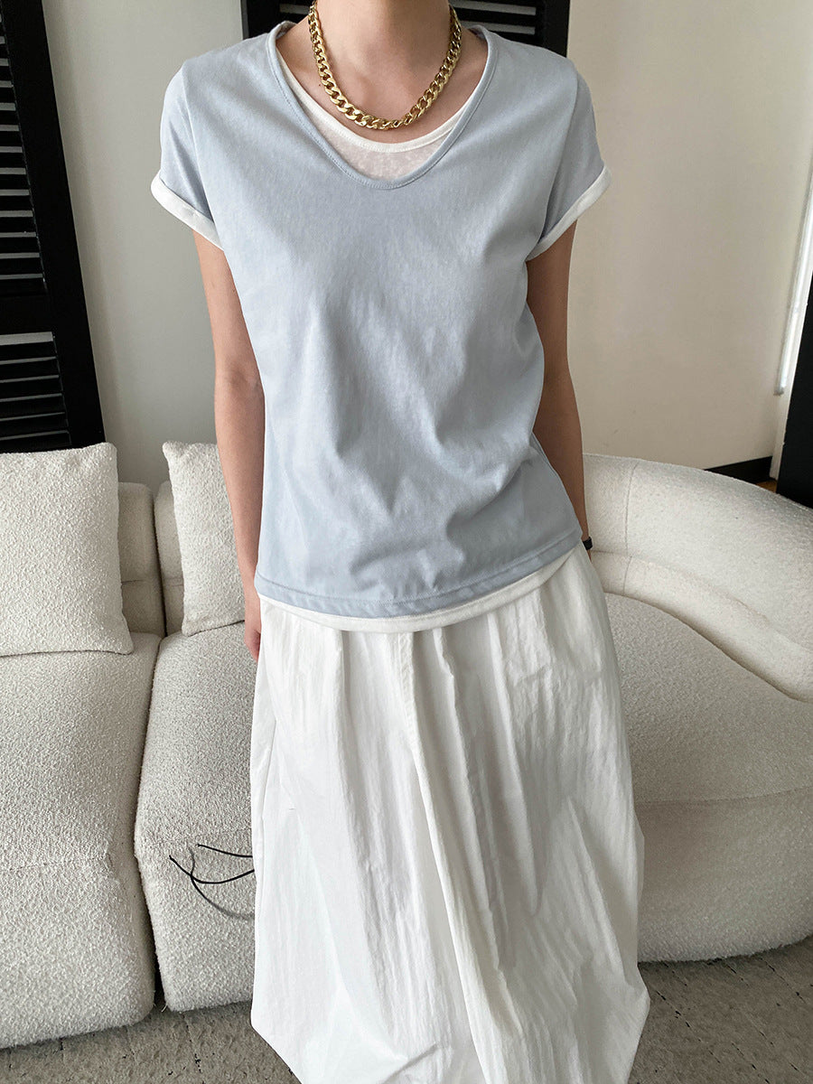 V-Neck Fake Layered Bi-Color Tee — BL1016