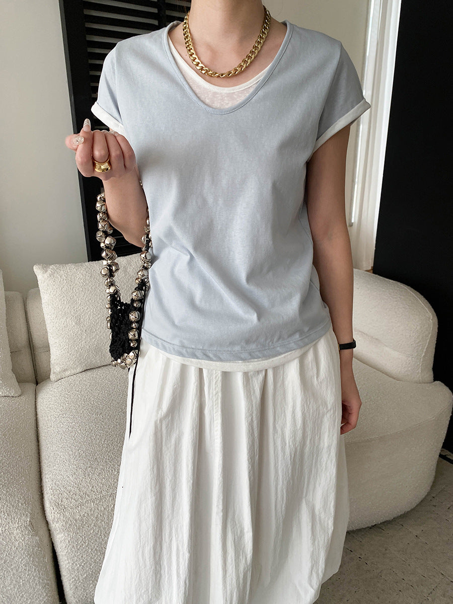 V-Neck Fake Layered Bi-Color Tee — BL1016