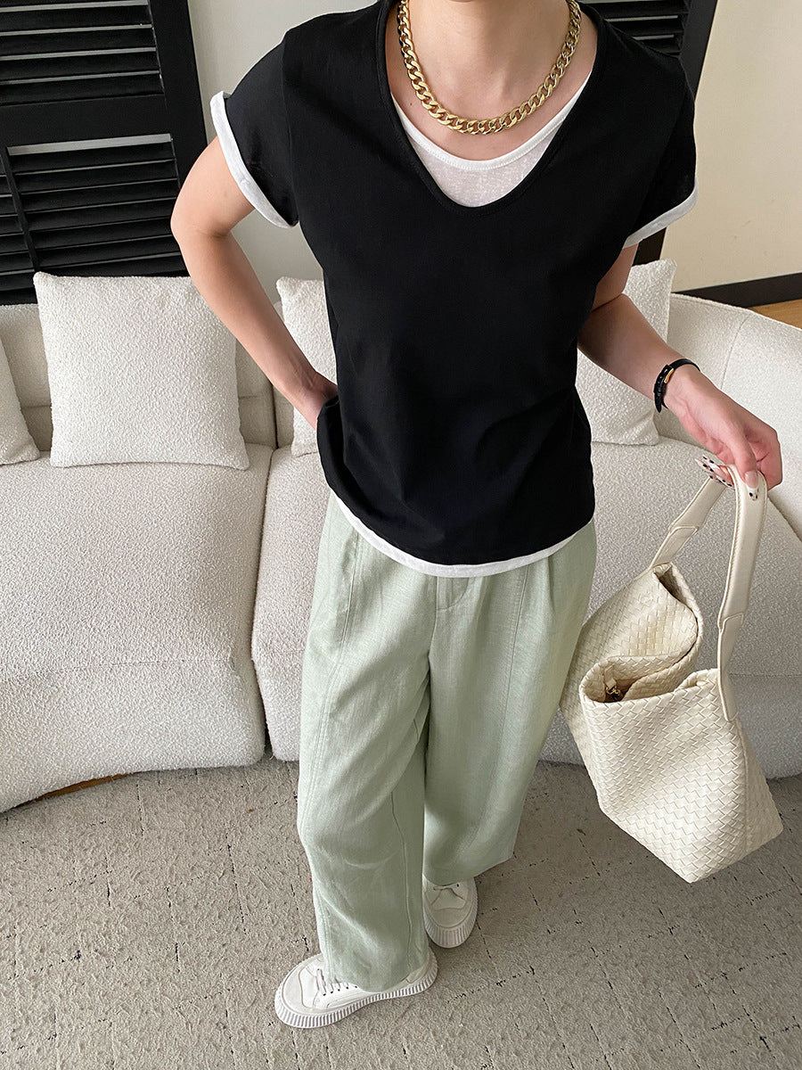 V-Neck Fake Layered Bi-Color Tee — BL1016